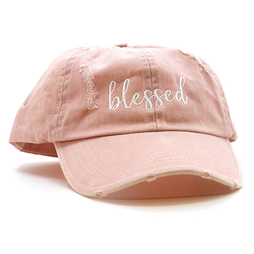 Distressed Blessed Pony Tail Baseball Hat Cap Pink